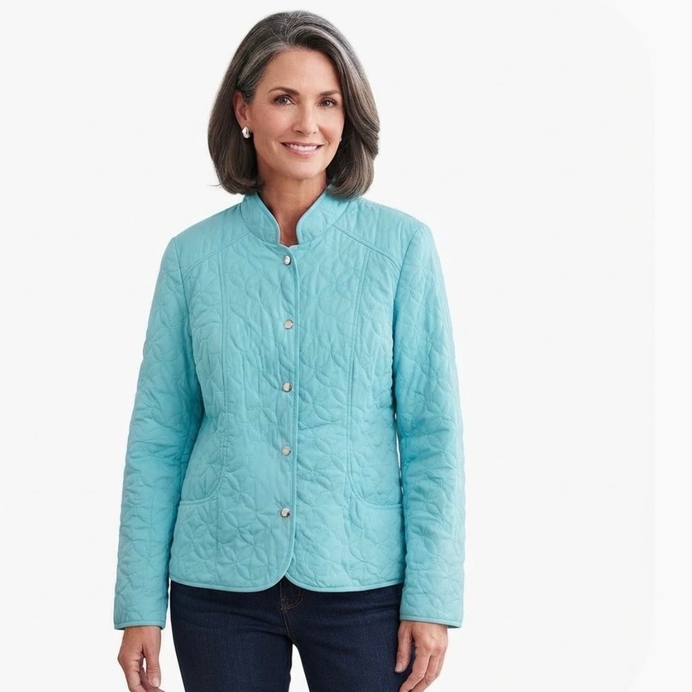 R.Q.T. Country Club Quilted Jacket Ceramic Blue Mock Neck Button Front Large